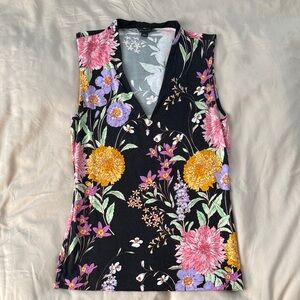 Ann Taylor Black Floral V-Neck Sleeveless Tank